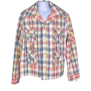 Vintage 50s Billy the Kid Boys Jacket Size 12 Blue Pink Plaid Western Rockabilly